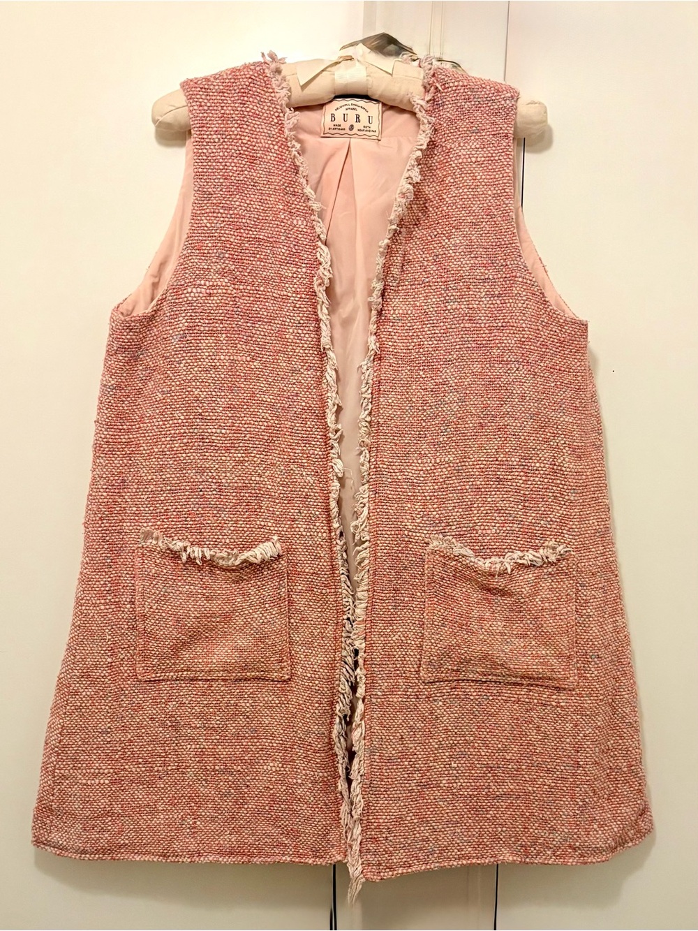 BURU Pink Tweed Fringe-Trim Sleeveless Vest